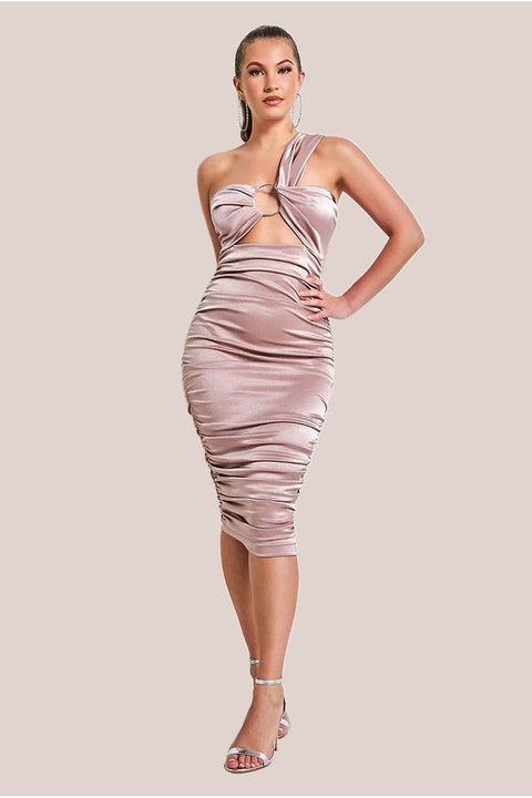 Goddiva Ring Detail One Shoulder Ruched Midi - Champagne