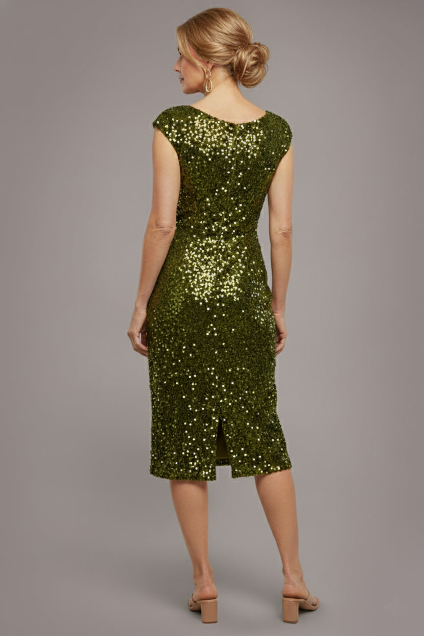 Goddiva Multi Sequin & Velvet Bardot Midi Dress - Olive Green