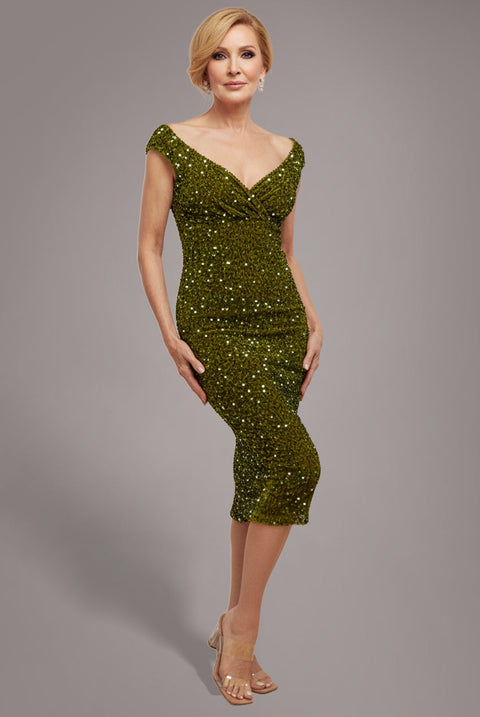 Goddiva Multi Sequin & Velvet Bardot Midi Dress - Olive Green