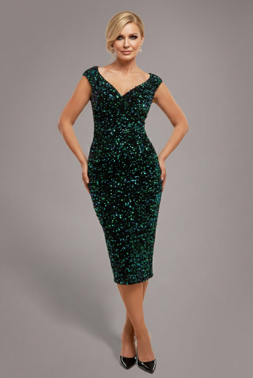 Goddiva Multi Sequin & Velvet Bardot Midi - Emerald Green