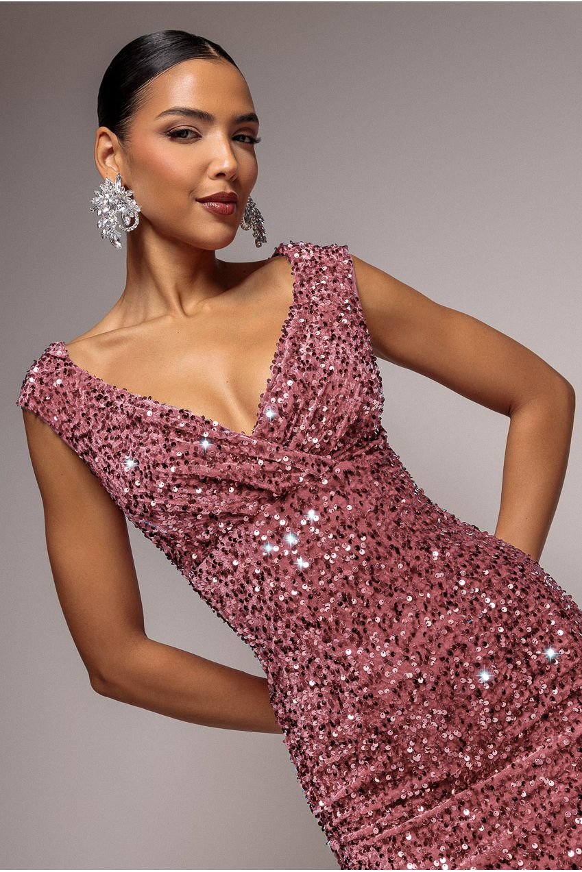 Goddiva Multi Sequin & Velvet Bardot Midi Dress - Blush Pink