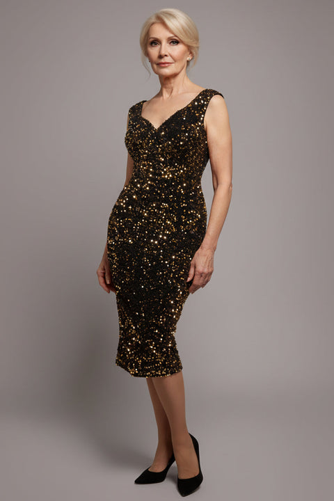 Goddiva Multi Sequin & Velvet Bardot Midi Dress - Gold
