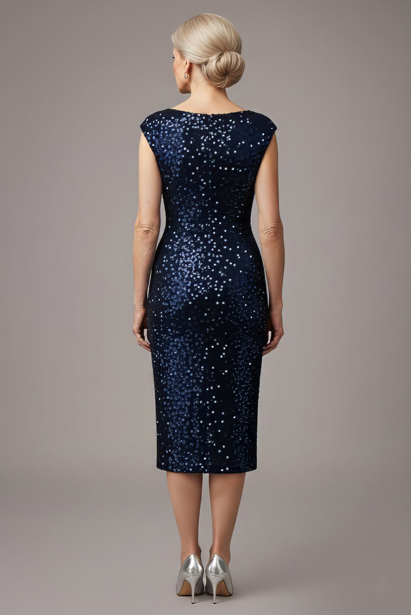 Goddiva Multi Sequin & Velvet Bardot Midi Dress - Navy Blue