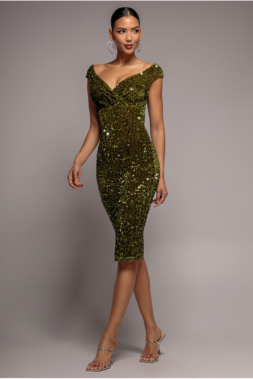 Goddiva Multi Sequin & Velvet Bardot Midi Dress - Olive Green
