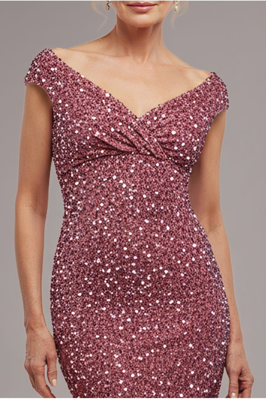 Goddiva Multi Sequin & Velvet Bardot Midi Dress - Blush Pink