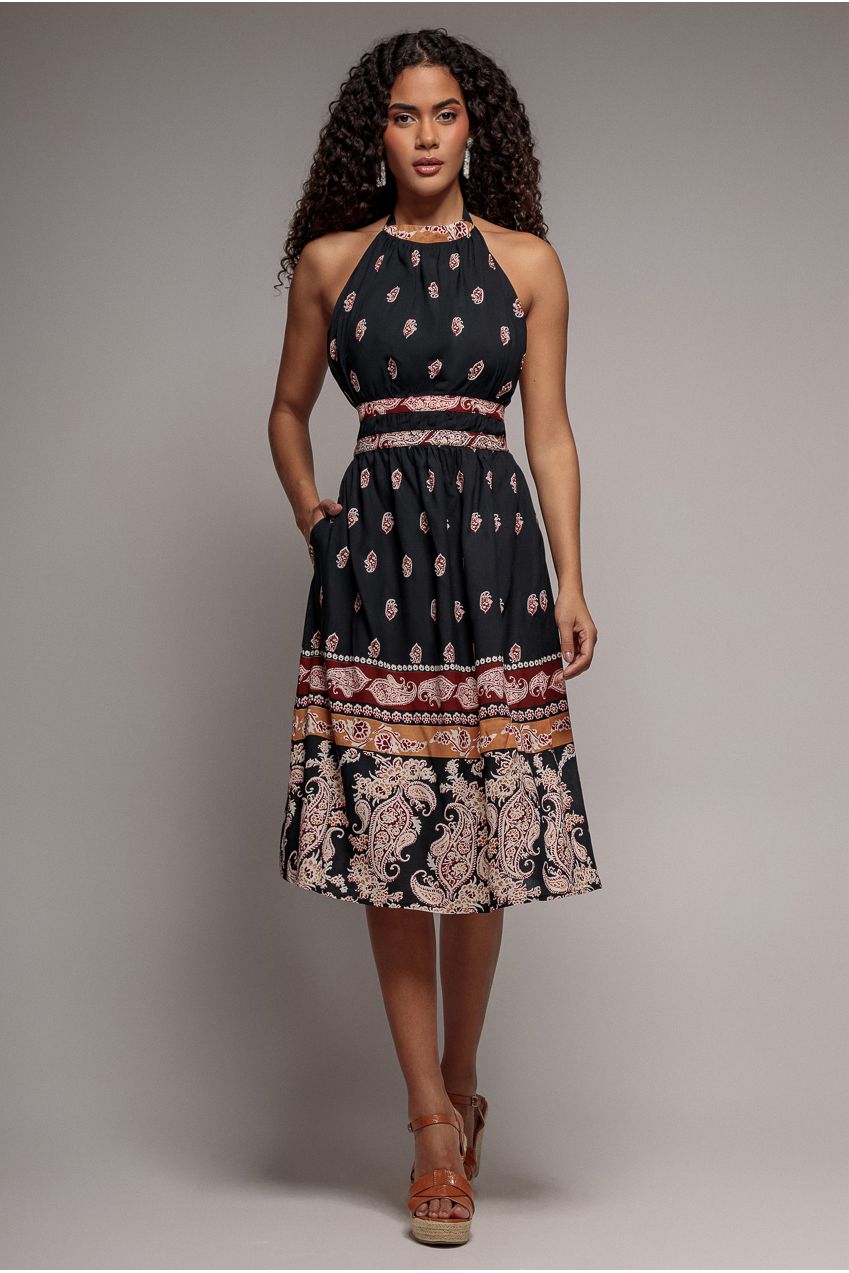 City Goddess Halter Neck Printed Midi Dress - Black