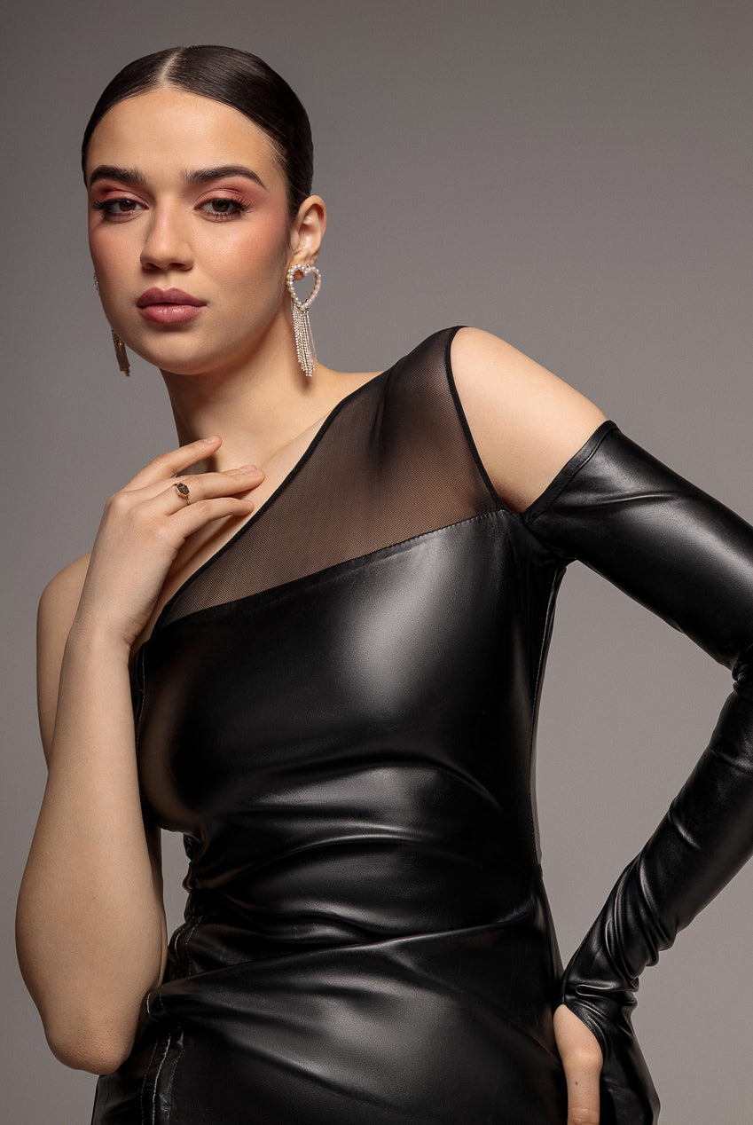City Goddess One Shoulder Faux Leather Mini Dress - Black