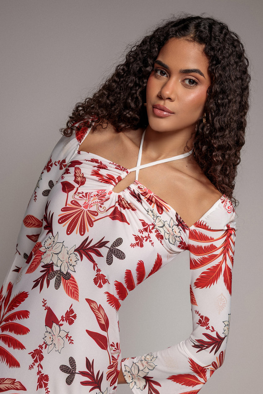 Goddiva Printed Tie Back Midi Dress - Cream
