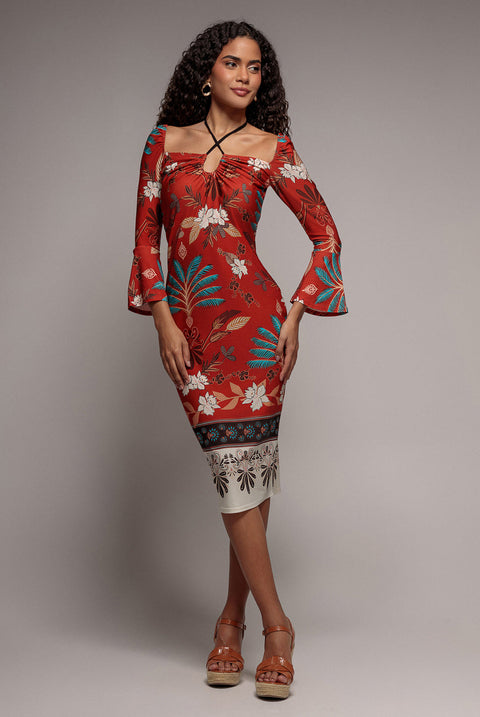 Goddiva Printed Tie Back Midi Dress - Orange