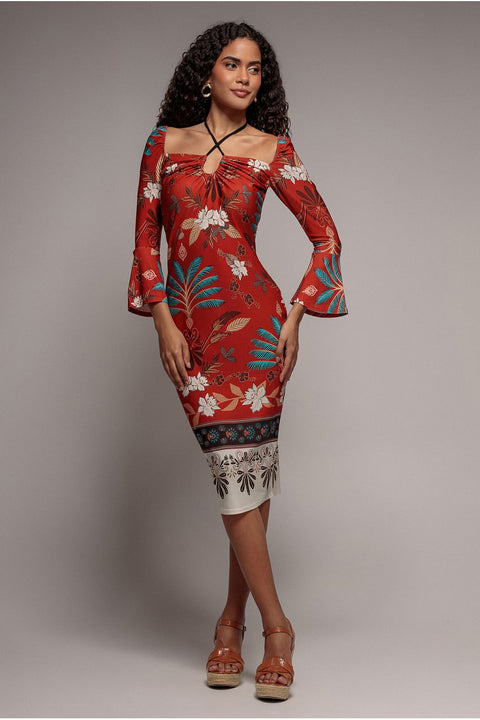 Goddiva Printed Tie Back Midi Dress - Orange