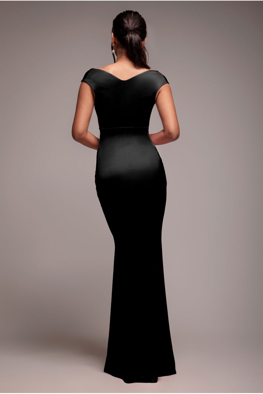 Goddiva Satin Off The Shoulder Maxi Dress - Black