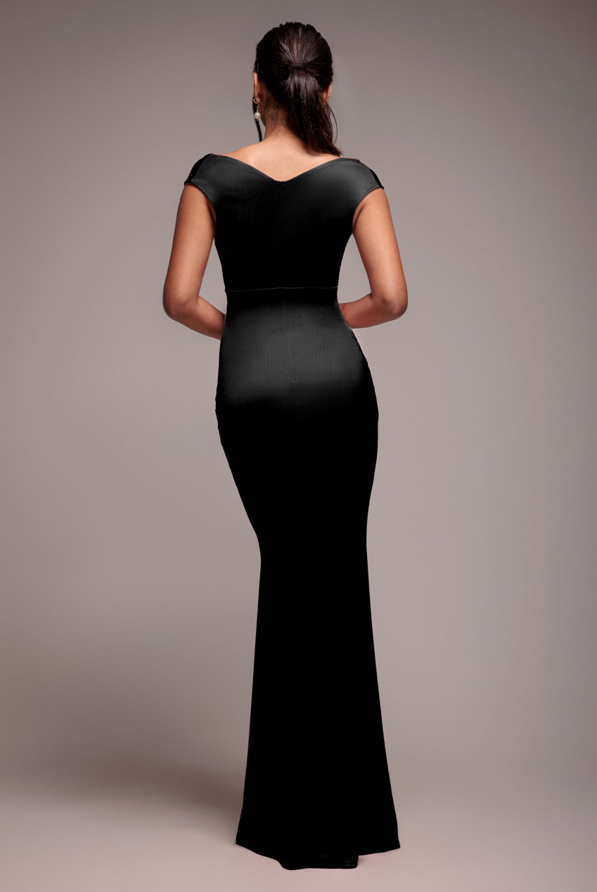 Goddiva Satin Off The Shoulder Maxi Dress - Black