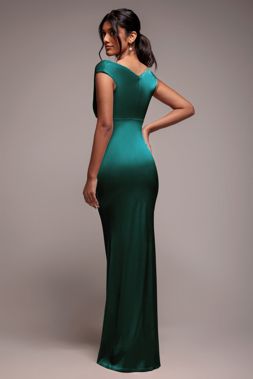 Goddiva Satin Off The Shoulder Maxi Dress - Emerald Green