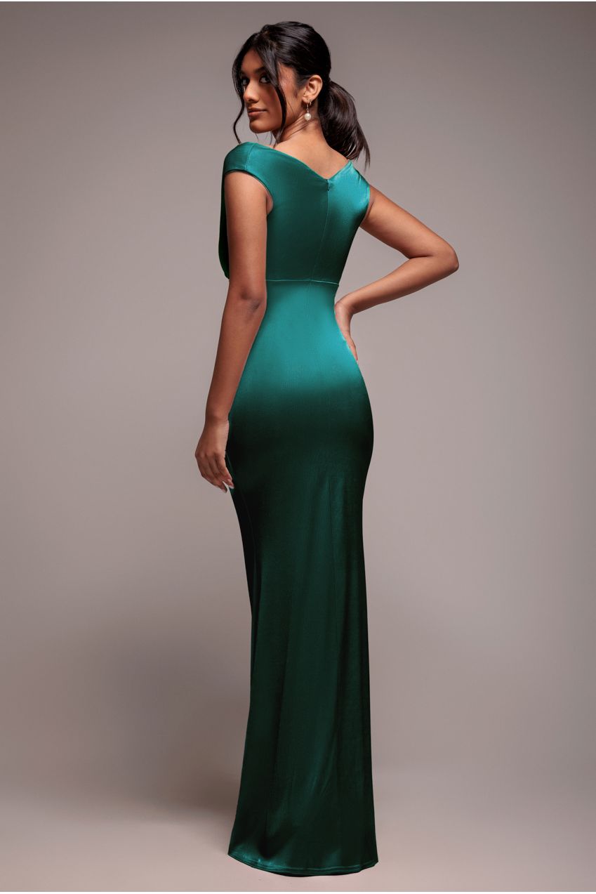 Goddiva Satin Off The Shoulder Maxi Dress - Emerald Green