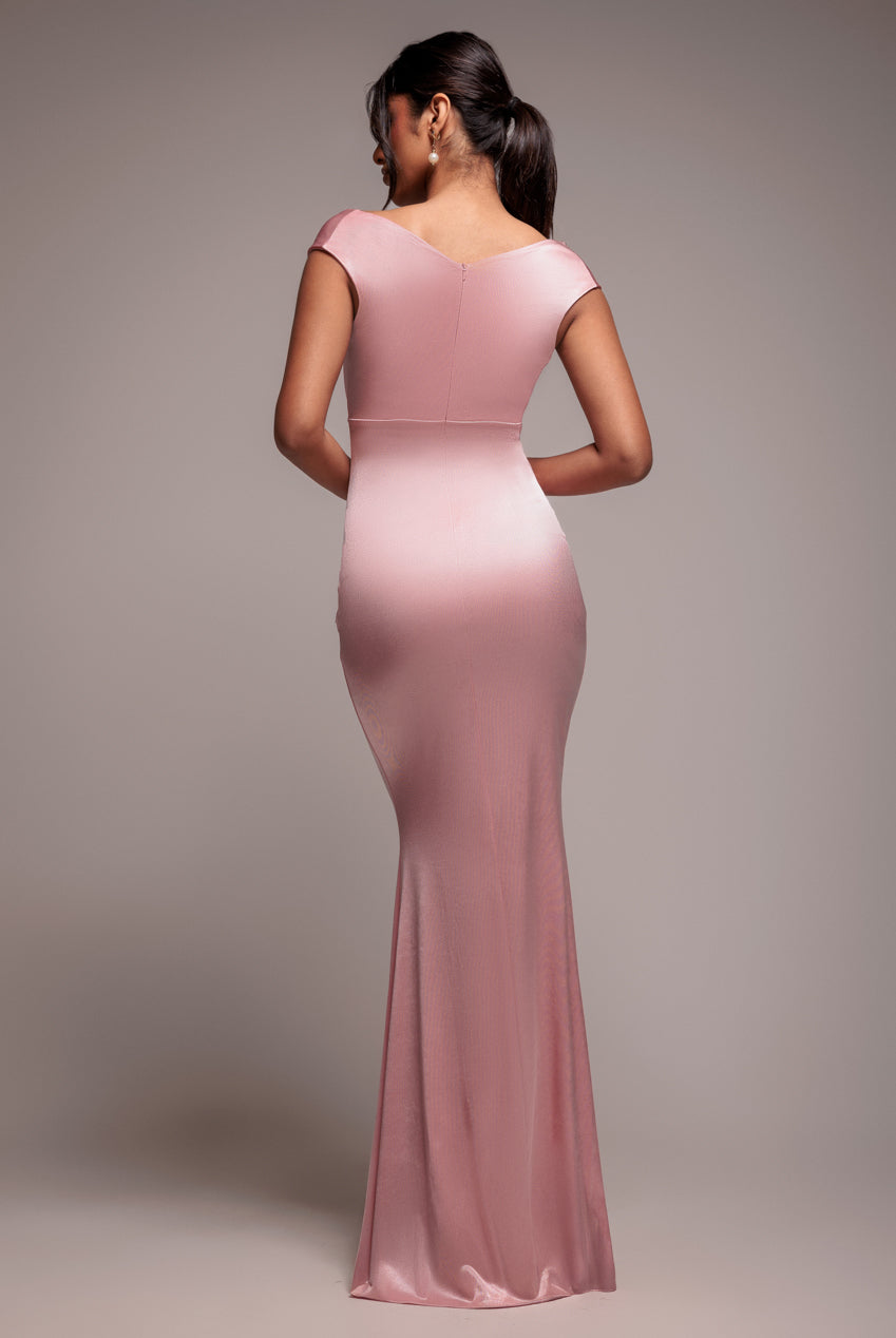 Goddiva Satin Off The Shoulder Maxi Dress - Pink