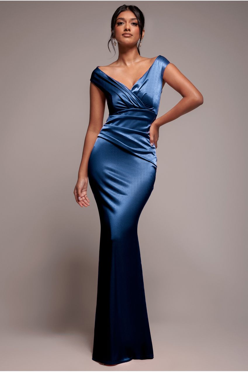 Goddiva Satin Off The Shoulder Maxi Dress - Navy Blue