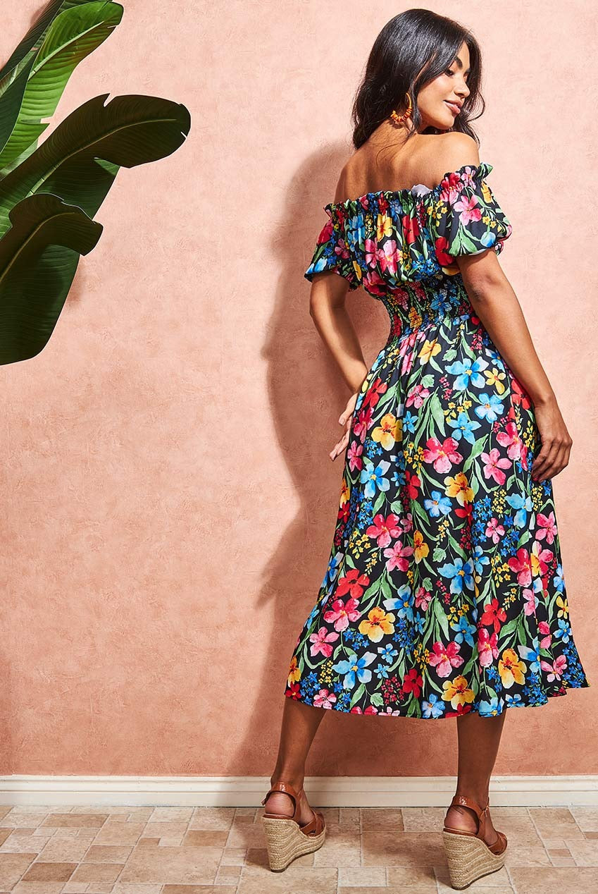 Goddiva Off The Shoulder Floral Midi Dress - Black