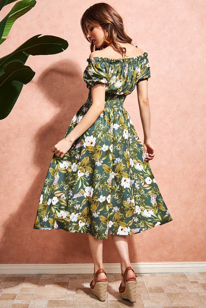 Goddiva Off The Shoulder Floral Midi Dress - Green