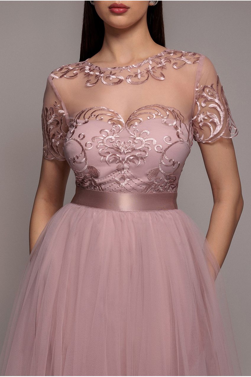 Goddiva Embroidered Mesh Maxi Dress - Blush