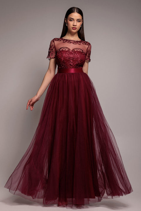 Goddiva Embroidered Mesh Maxi Dress - Burgundy