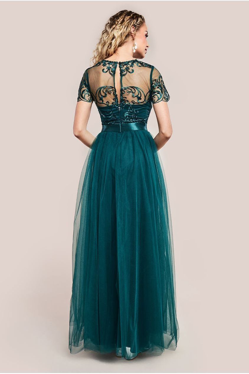 Goddiva Embroidered Mesh Maxi Dress - Emerald Green