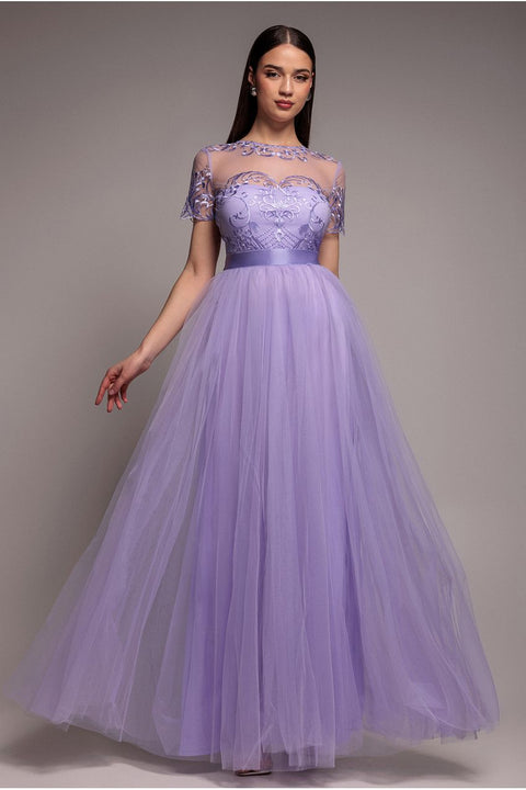 Goddiva Embroidered Mesh Maxi Dress - Lilac