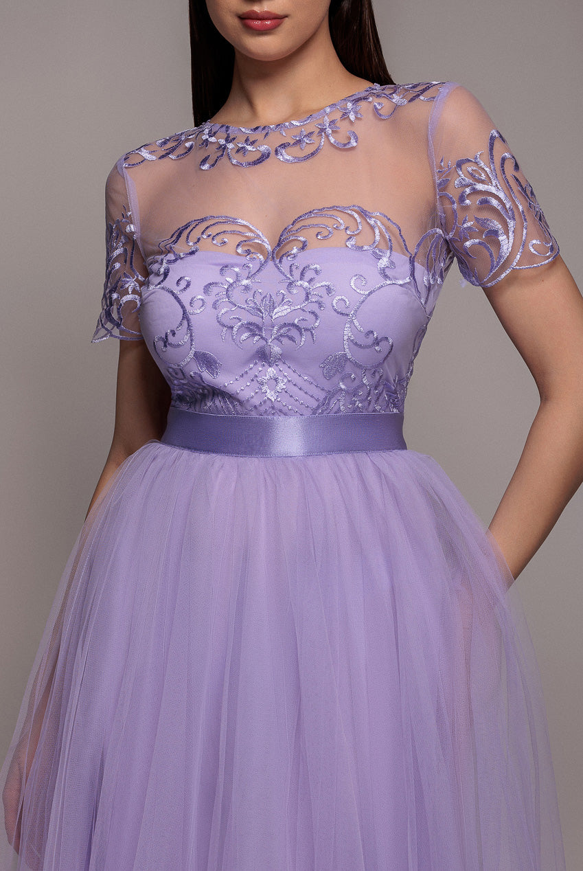 Goddiva Embroidered Mesh Maxi Dress - Lilac