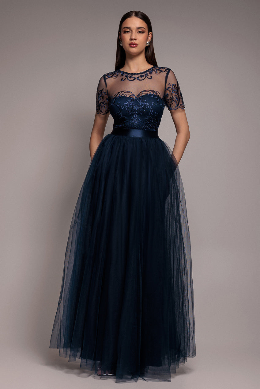 Goddiva Embroidered Mesh Maxi Dress - Navy