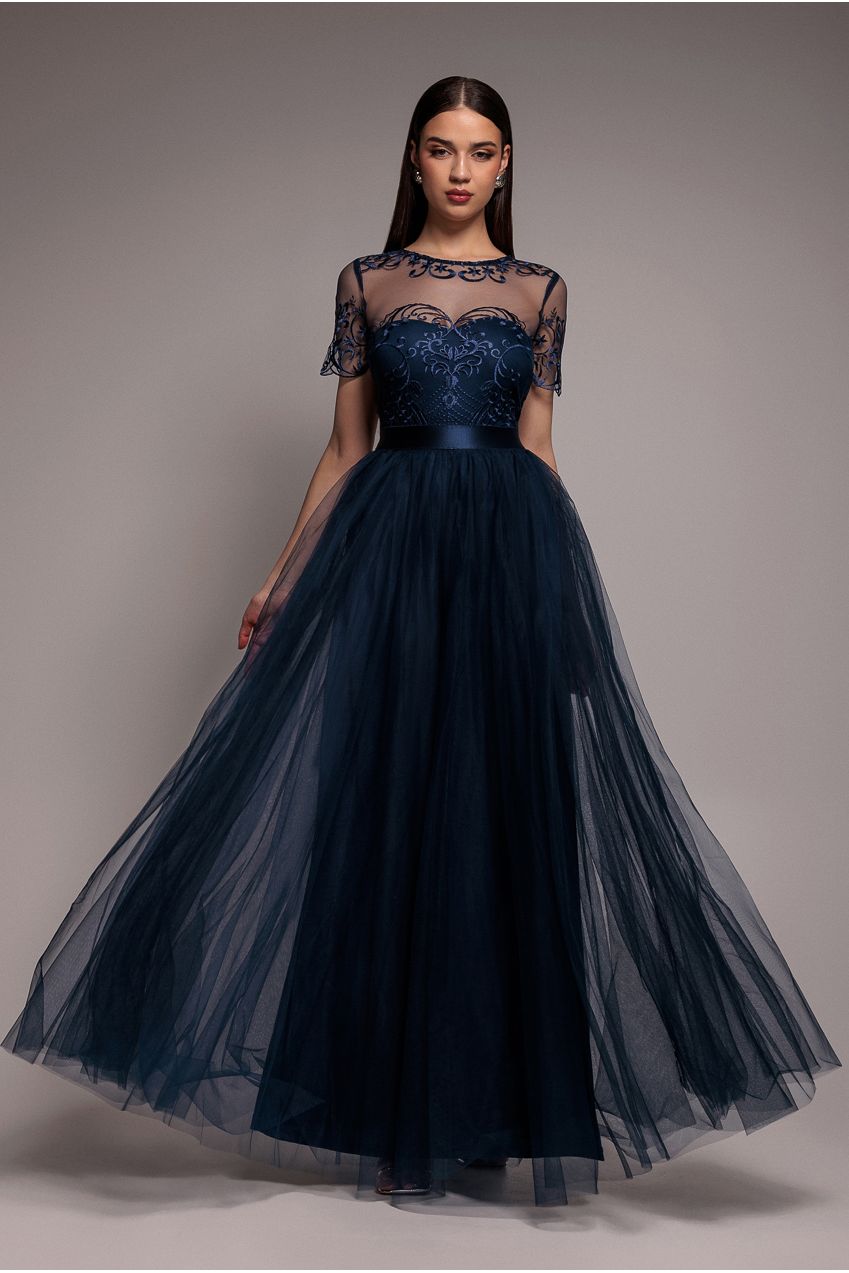 Goddiva Embroidered Mesh Maxi Dress - Navy
