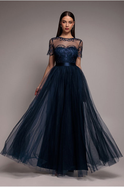 Goddiva Embroidered Mesh Maxi Dress - Navy