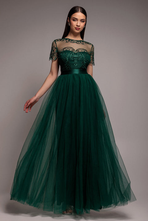 Goddiva Embroidered Mesh Maxi Dress - Emerald Green