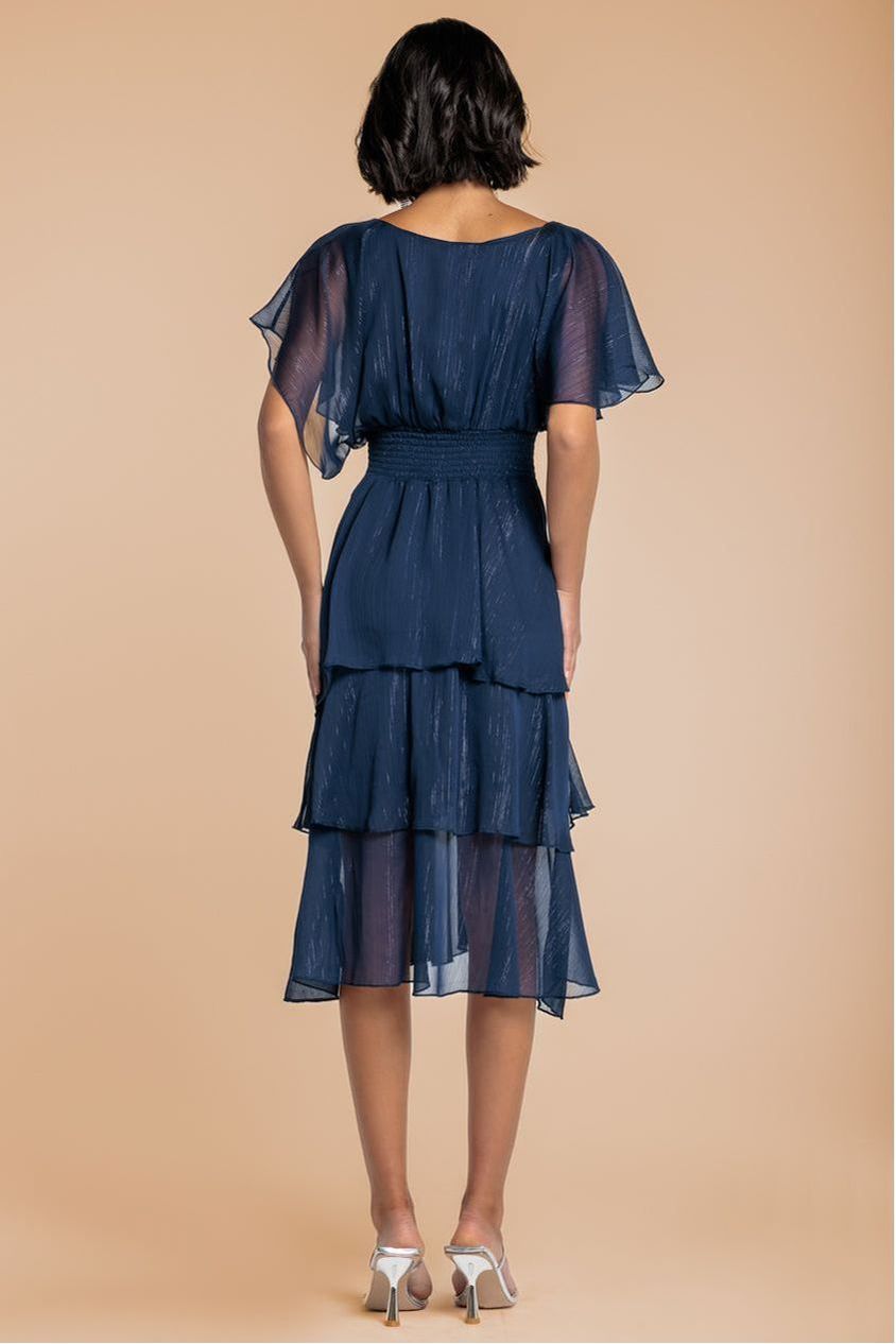 Goddiva Chiffon Layered Flutter Sleeve Midi Dress - Navy