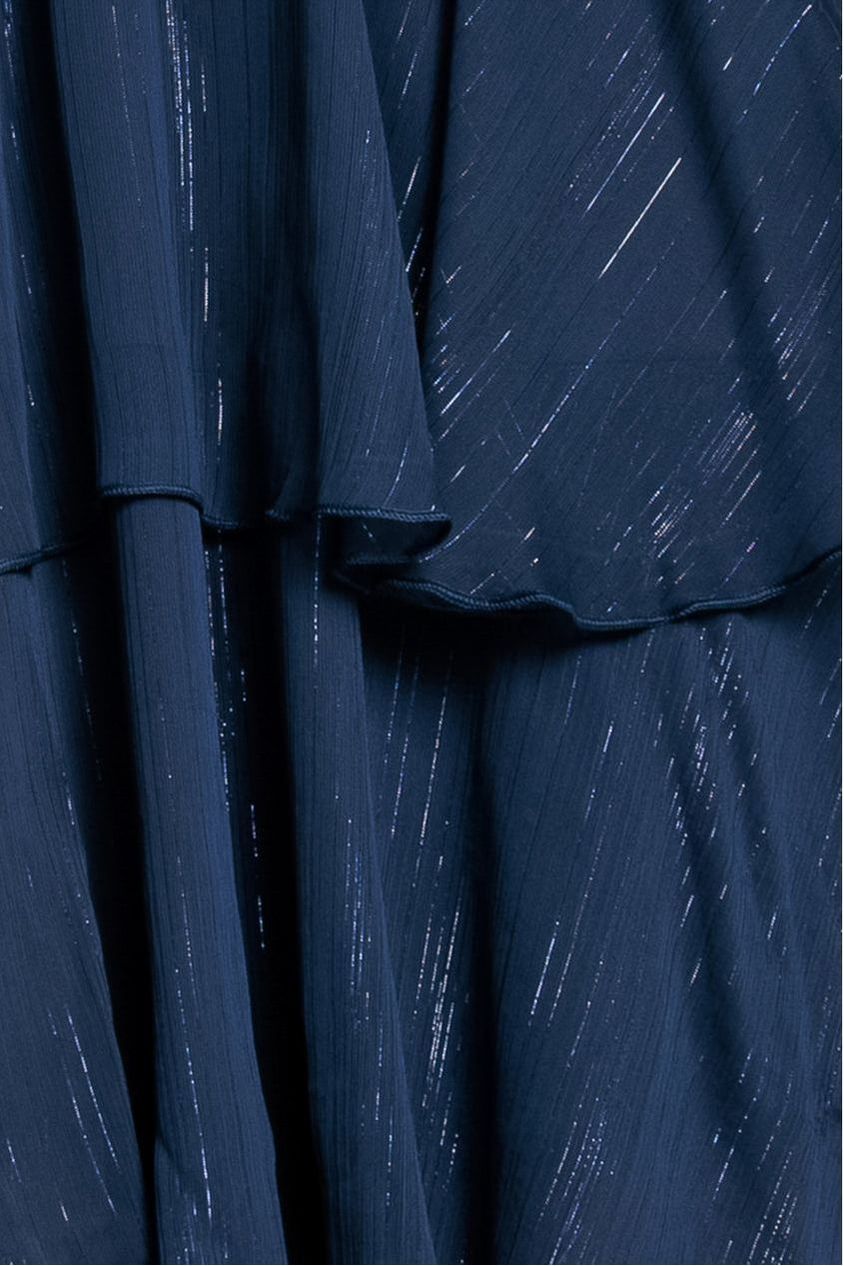 Goddiva Chiffon Layered Flutter Sleeve Midi Dress - Navy