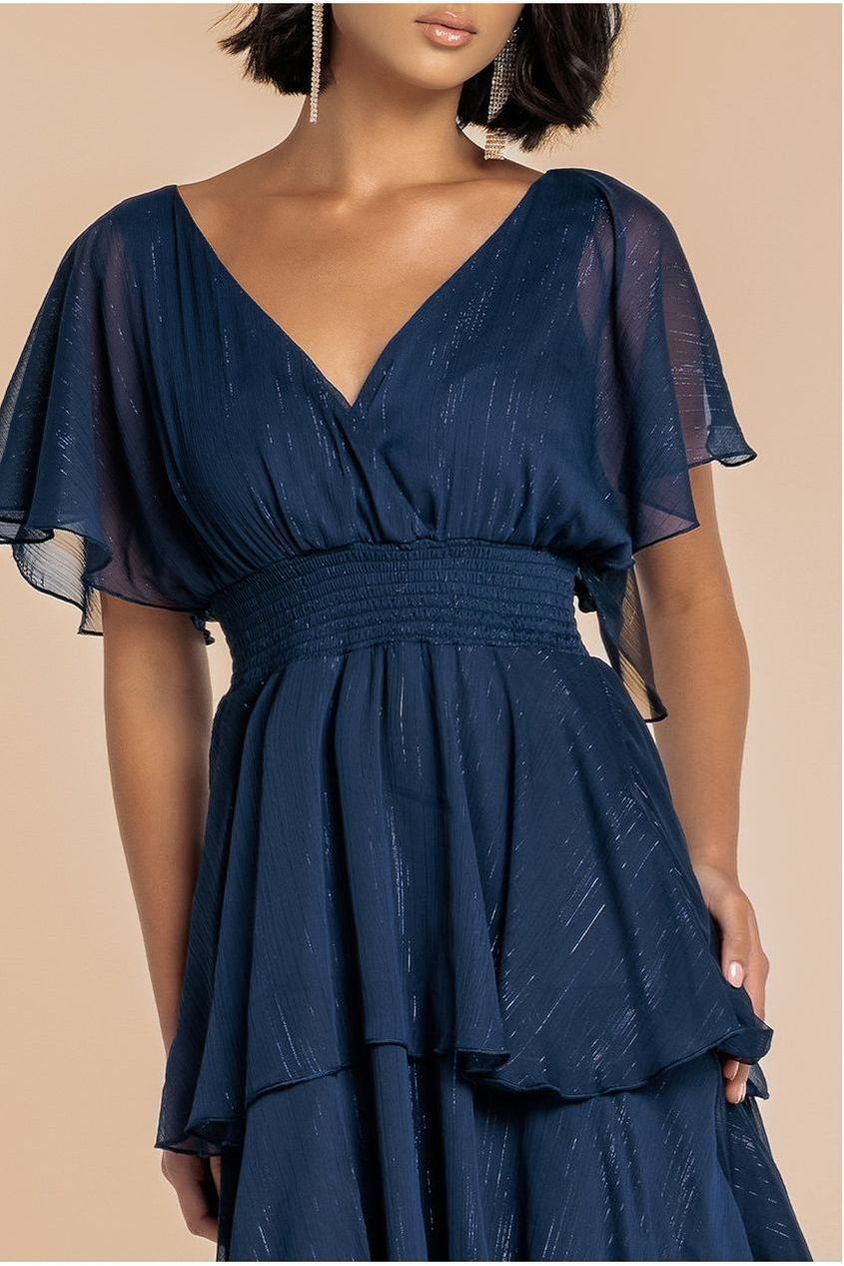 Goddiva Chiffon Layered Flutter Sleeve Midi Dress - Navy
