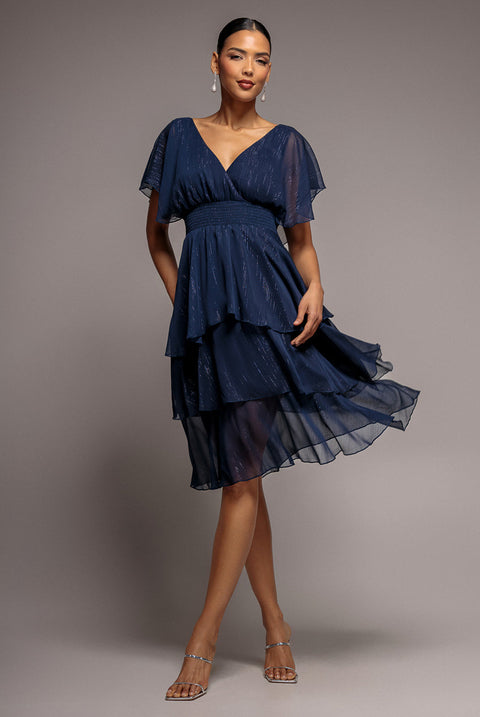 Goddiva Chiffon Layered Flutter Sleeve Midi Dress - Navy