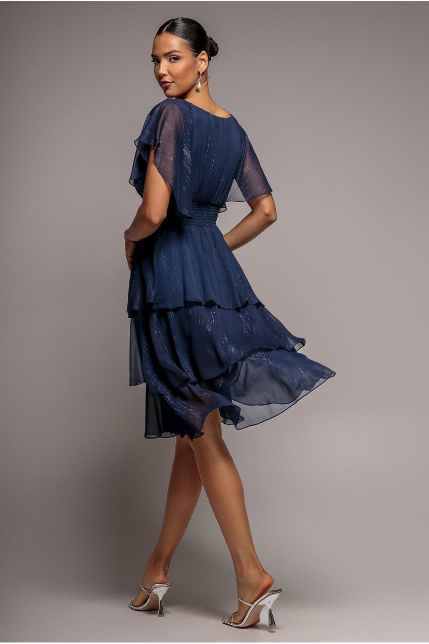 Goddiva Chiffon Layered Flutter Sleeve Midi Dress - Navy