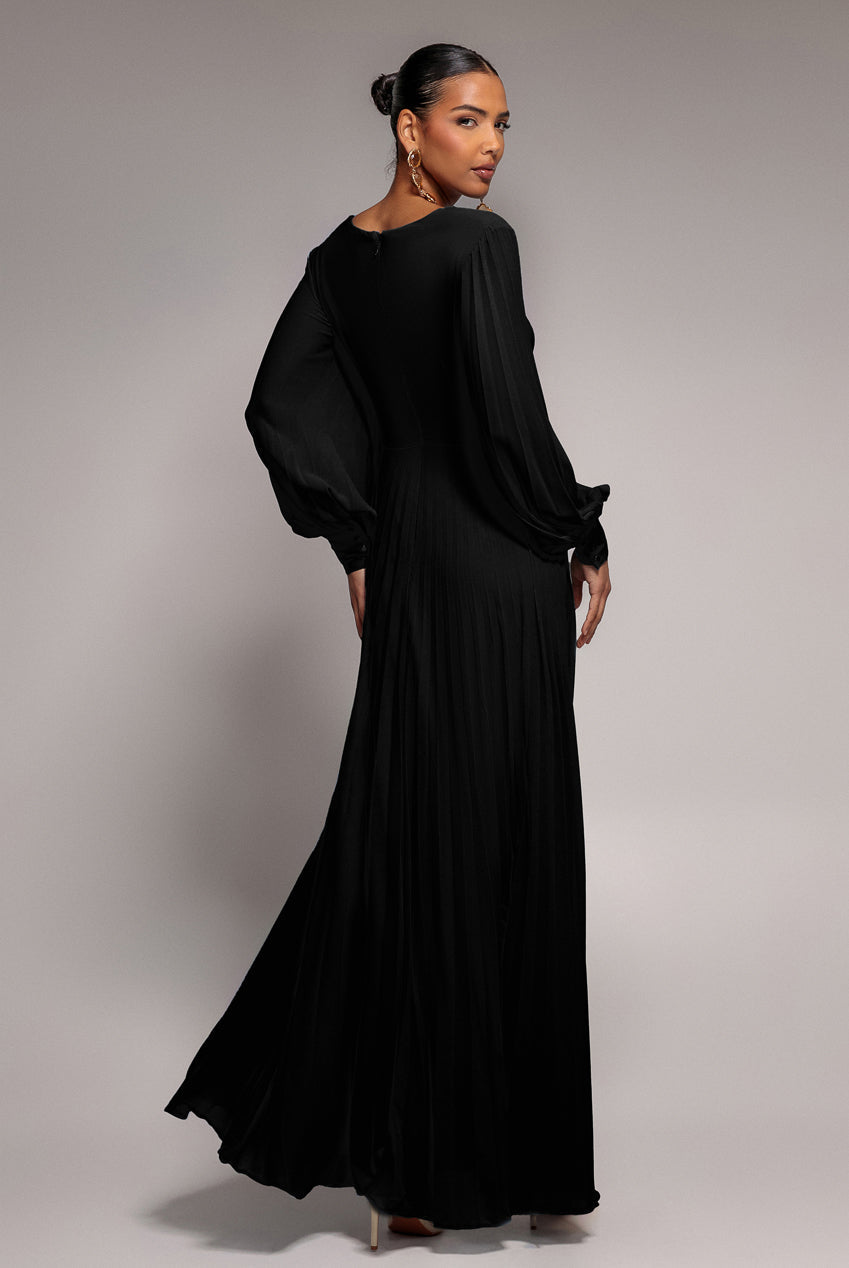 Goddiva Fully Pleated Chiffon Maxi Dress - Black