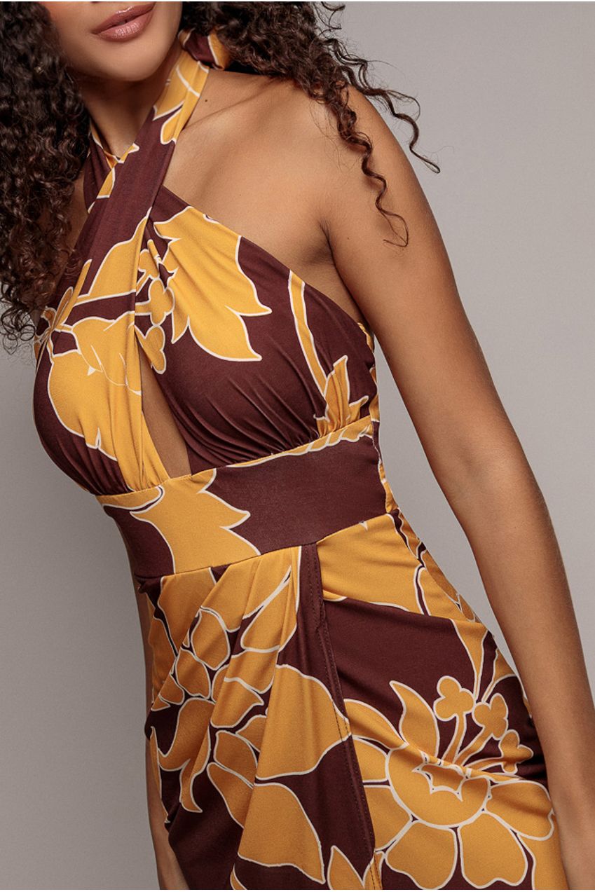 Goddiva Printed Crossover Maxi Dress - Brown