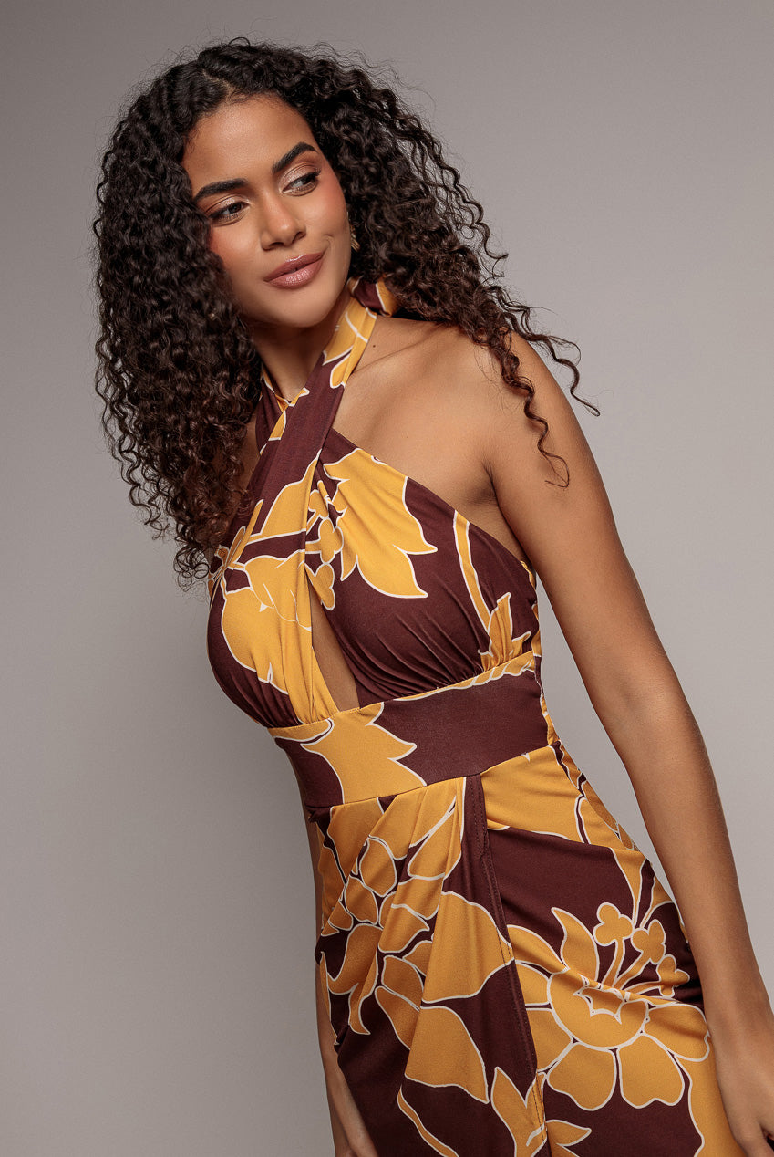Goddiva Printed Crossover Maxi Dress - Brown