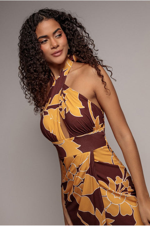 Goddiva Printed Crossover Maxi Dress - Brown