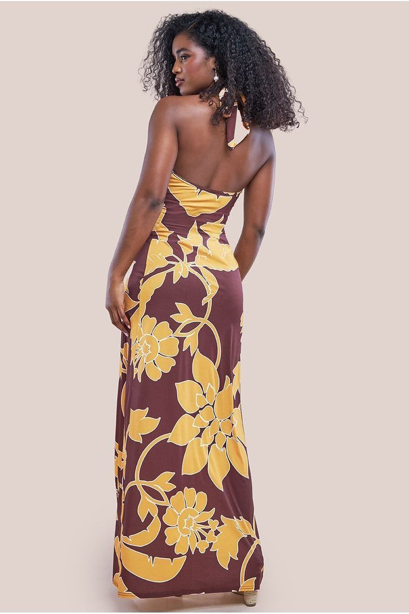 Goddiva Printed Crossover Maxi Dress - Brown