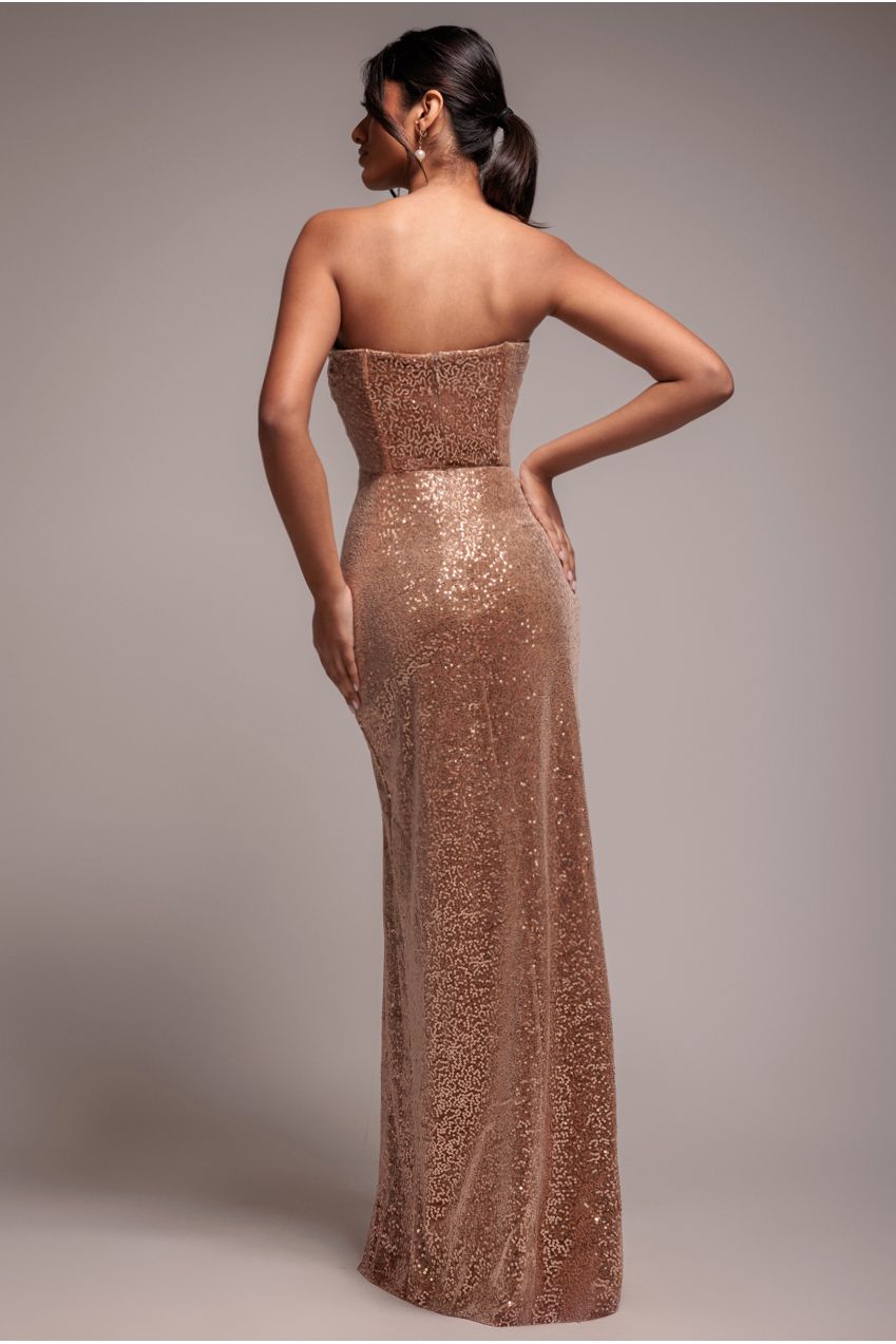 Goddiva Sequin Velvet Bandeau Maxi Dress - Champagne