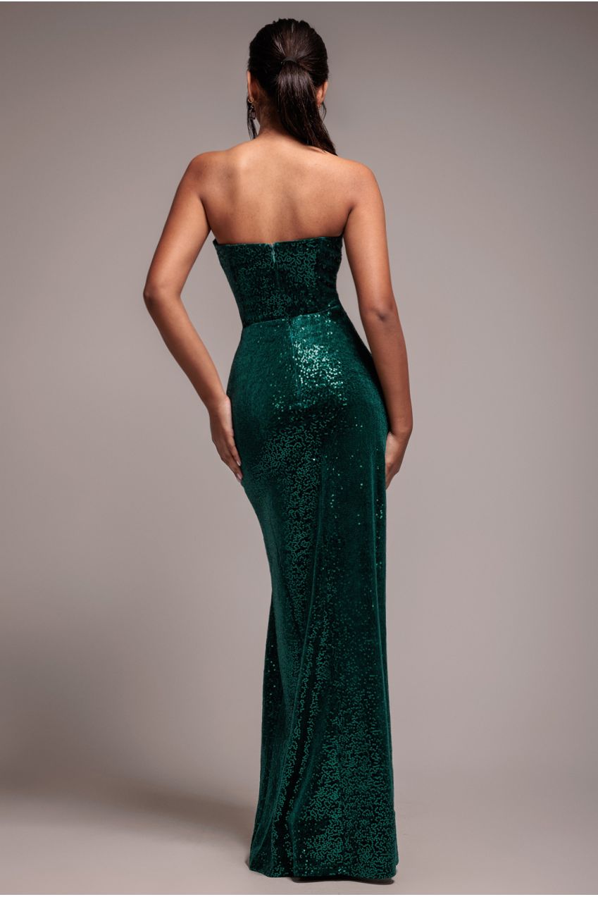 Goddiva Sequin Velvet Bandeau Maxi Dress - Emerald Green