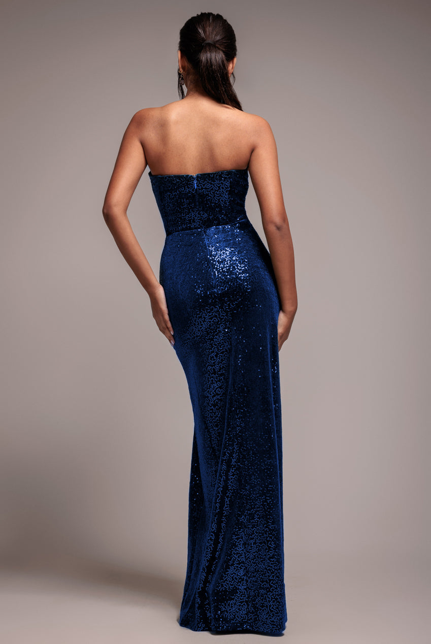 Goddiva Sequin Velvet Bandeau Maxi Dress - Navy