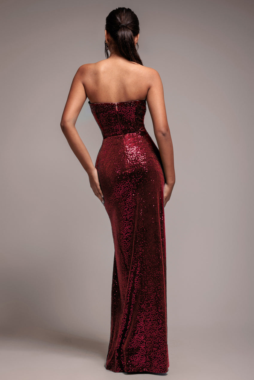 Goddiva Sequin Velvet Bandeau Maxi Dress - Wine