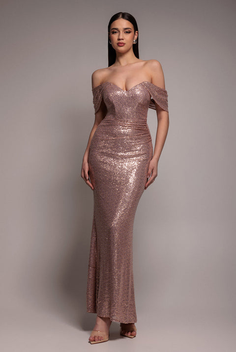 Goddiva Off The Shoulder Sequin Wing Maxi Dress - Champagne