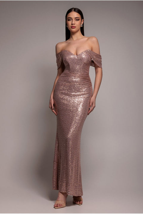 Goddiva Off The Shoulder Sequin Wing Maxi Dress - Champagne
