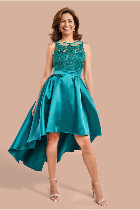 Goddiva Sequin & Satin Dipped Hem Midi Dress - Emerald Green