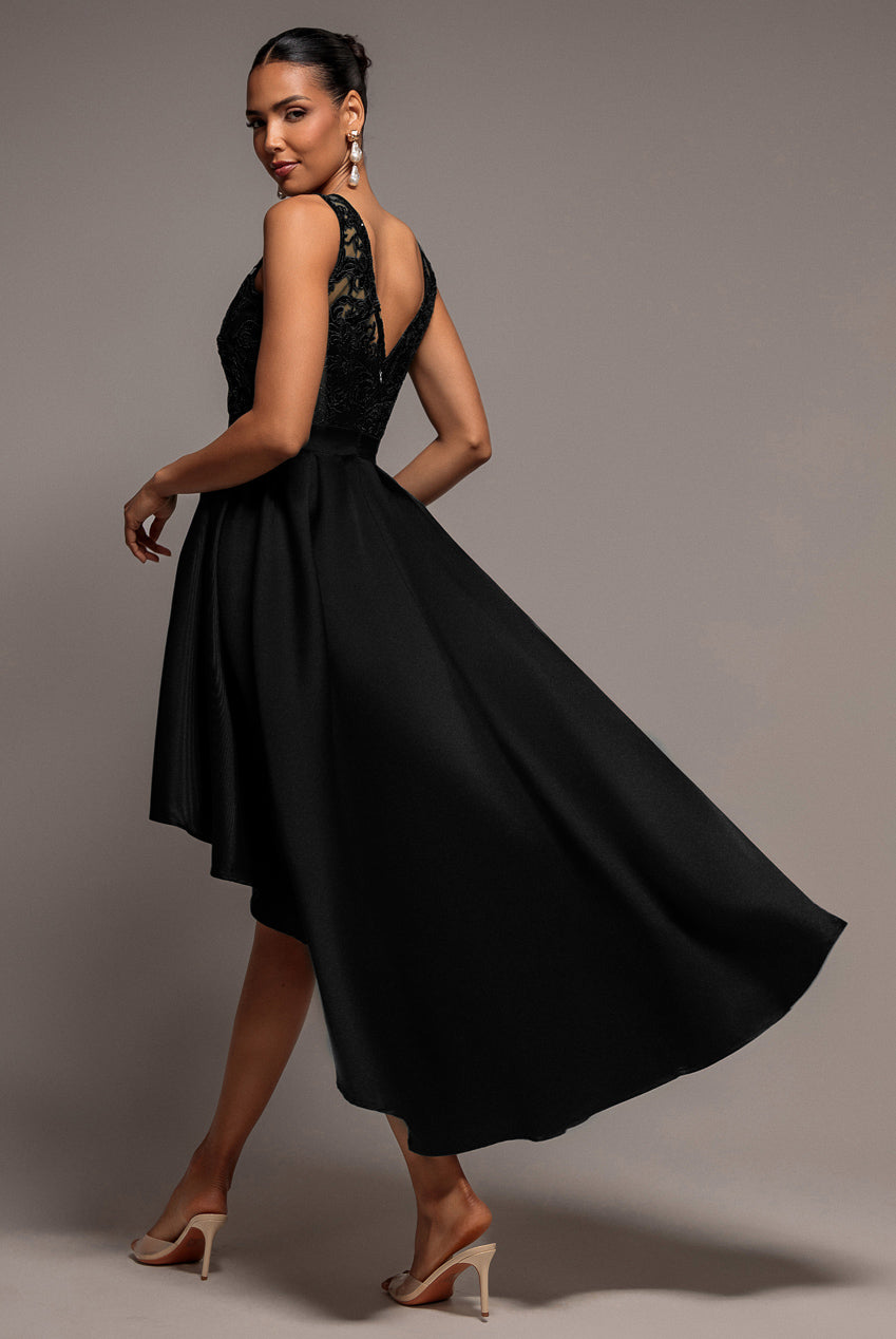Goddiva Sequin & Satin Dipped Hem Midi Dress - Black