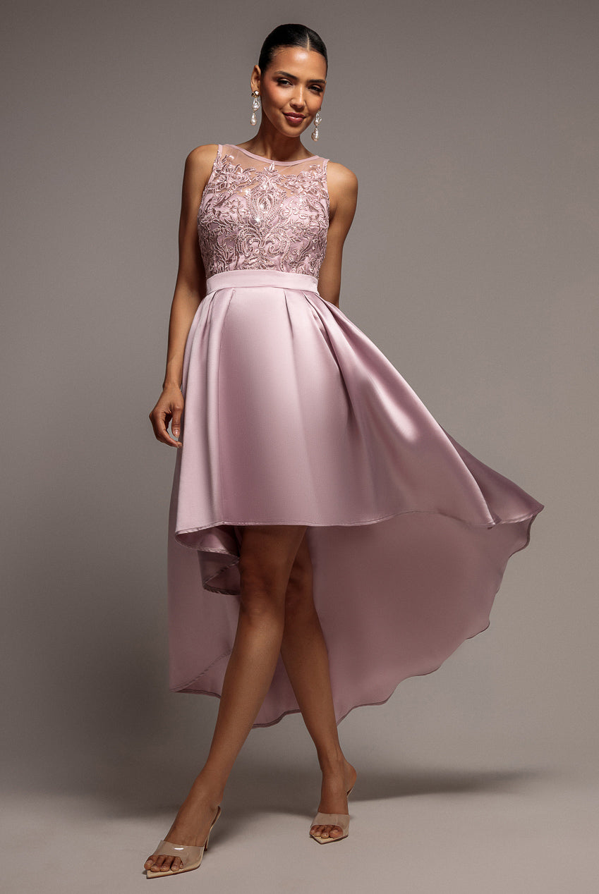Goddiva Sequin & Satin Dipped Hem Midi Dress - Blush